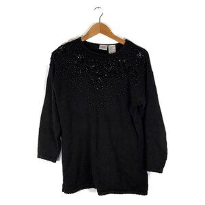 Vtg. 90s Jaclyn Smith Sz Medium Sweater Beaded Sequin Black Floral Shoulder Pads